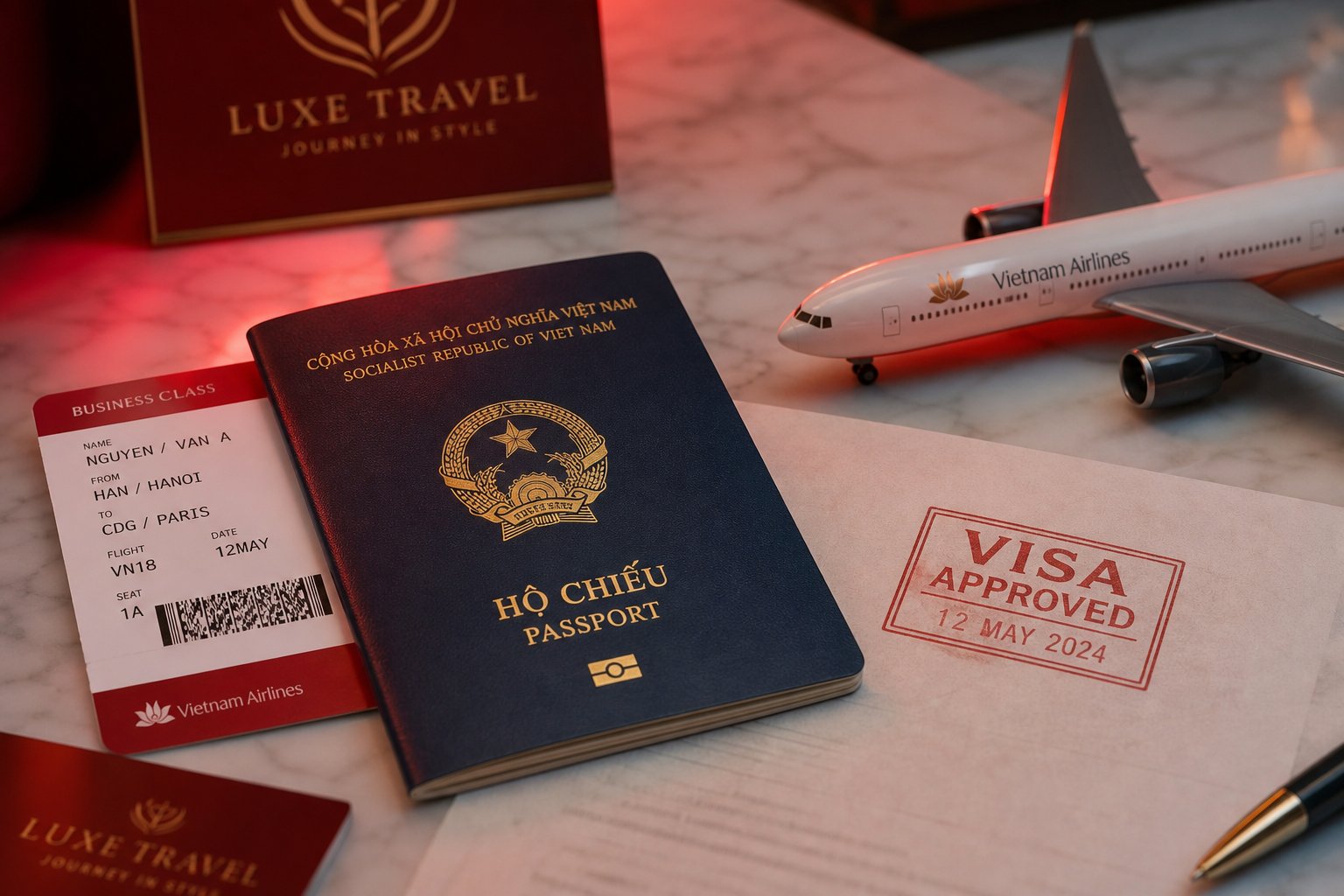 Hộ chiếu, vé máy bay và visa đã được chấp thuận